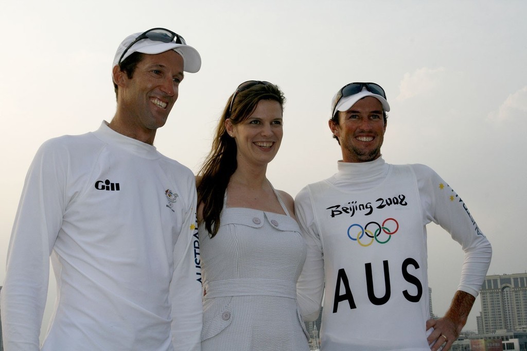 Qingdao Olympic Regatta 2008. Malcolm Page (l) and Nathan Wilmot with Australian Sports Minister Kate Ellis, shortly after securing their gold medal in the 470 Men&rsquo;s class. &copy; Guy Nowell http://www.guynowell.com